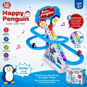 Happy Penguin Slide Toy Set Funny Automatic Stair-Climbing Penguin Cartoon Race Track Set Little Lovely Penguin Slide Toy Escalator Toy with Lights and Music