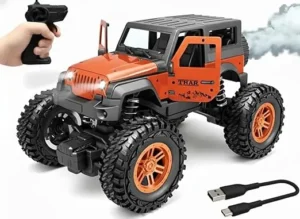 Climbing Max Vehicle for Kids, Rechargeable Thar Toy with Spray, Openable Doors, Front LED, Shock Absorbers, USB-C Port (Orange)