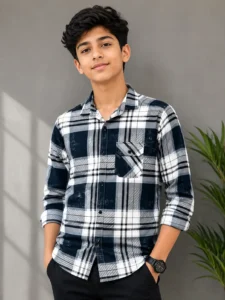 Boys Navy Blue & Black Checkered Full Sleeve Cotton Blend Casual Shirt | Soft & Comfortable | Regular Fit | Party & Casual Wear
