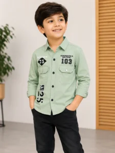 Boys  Full Sleeves Sage Green Shirt with Button Closure, Regular Fit
